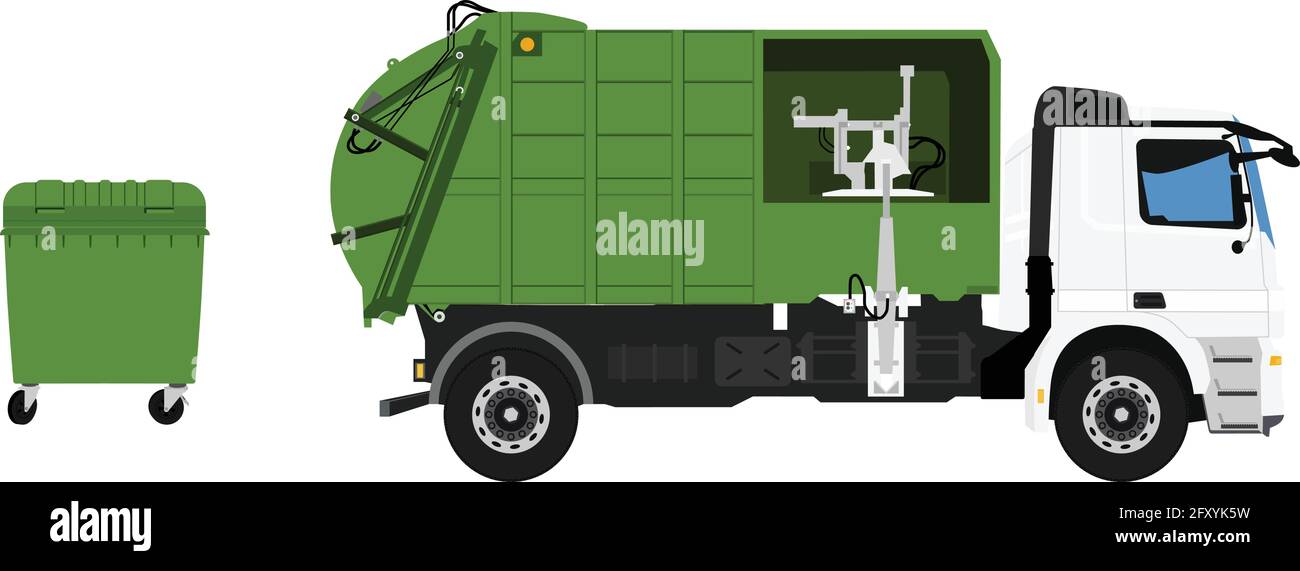 Garbage truck and green plastic container isolated on white background. Vehicle for waste collection. Vector illustration Stock Vector