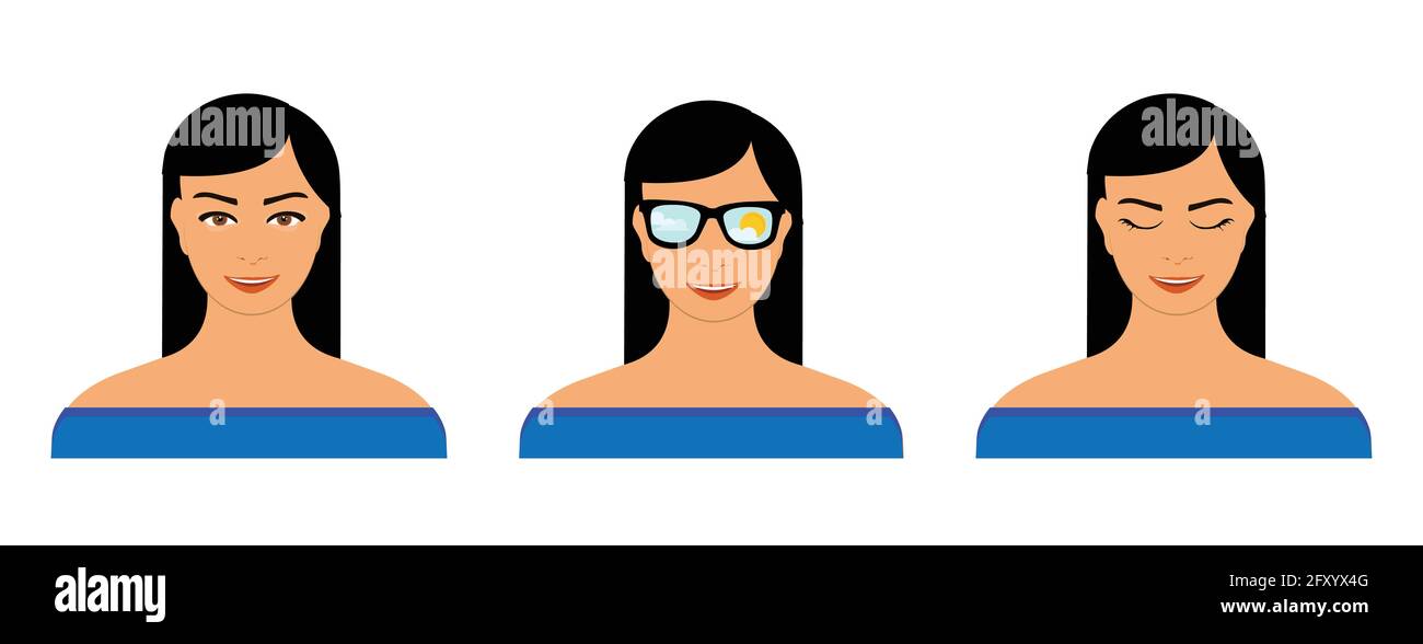 Beautiful teenage girl, woman with different facial expression. Brunette woman in blue shirt with sunglasses and blue sky, sun and cloud reflection Stock Vector