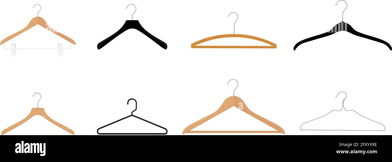 Wooden, plastic and metal wire coat hangers, clothes hanger on a white background Stock Vector