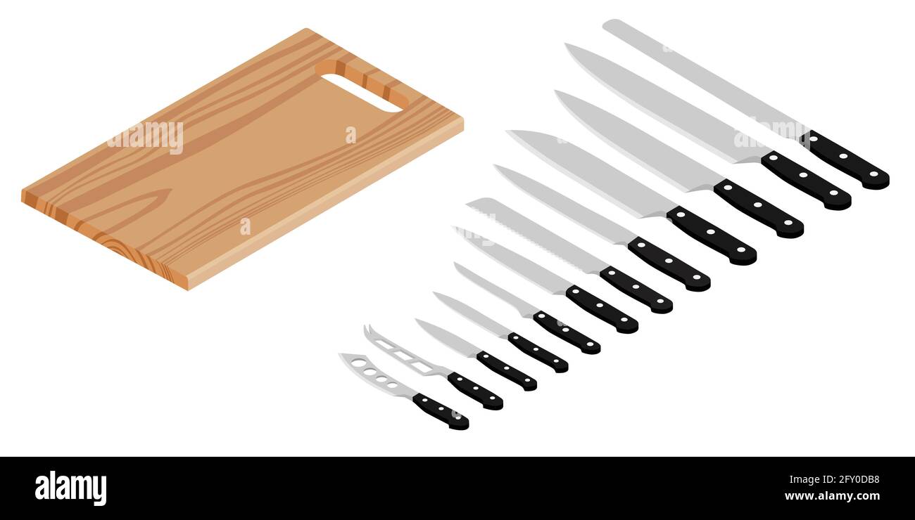 Meat cutting knives set and wooden cutting board. Set of butcher meat