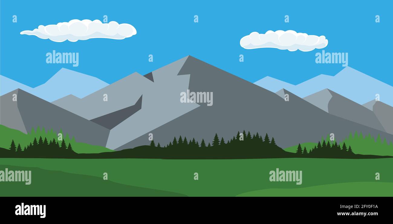 Vector illustration mountains and forest landscape daytime. Stock Vector