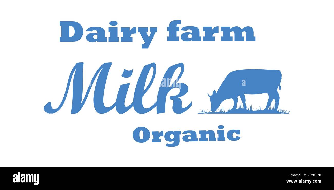 Milk, cow. Logo with cow silhouette, text Milk, Dairy farm, Organic