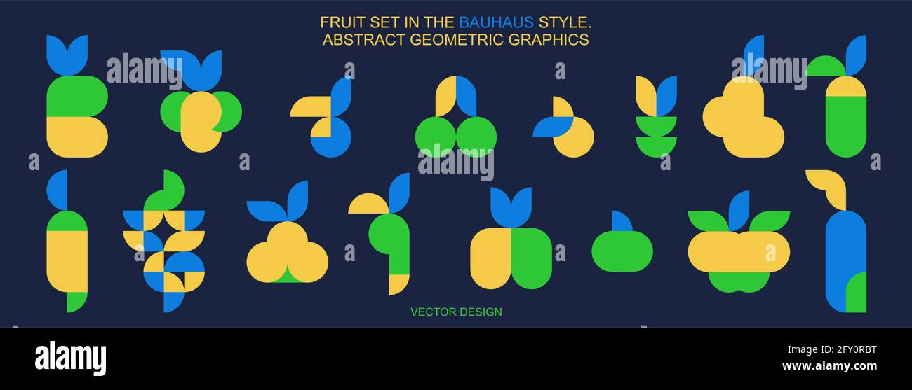 Design elements in the bauhaus style. Abstract decorative fruits. Contemporary geometric shapes. Vector template Stock Vector