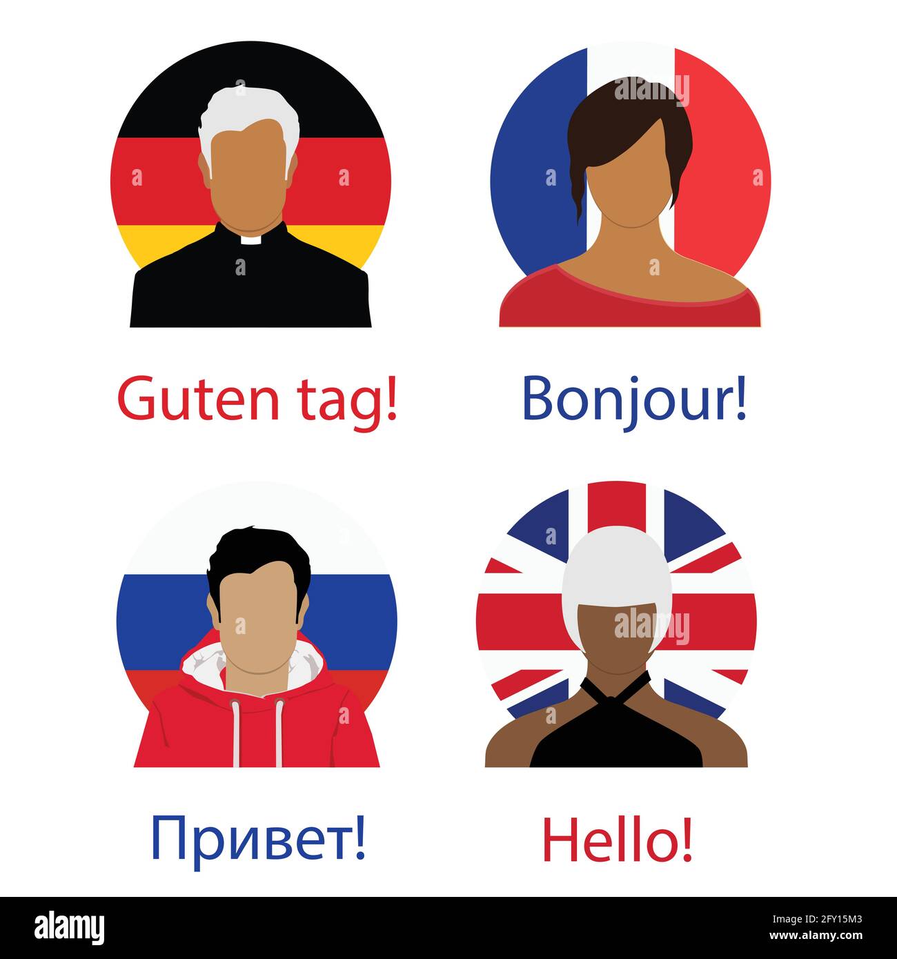 Different Language Speech Hello Concept. Russian Federation, United Kingdom, France, German