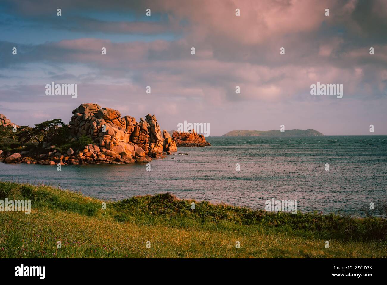 Pink granit coast and the seven islands by a morning light Stock Photo