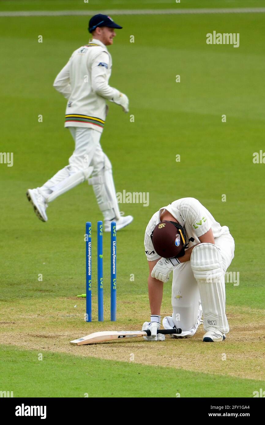The Kia Oval, London, UK. 27th May, 2021. Will Jacks of Surrey bowled by Ryan Higgins of Gloucestershire for 24 on Day 1 of the LV=Insurance County Championship match between Surrey and Gloucestershire: Credit: Ashley Western/Alamy Live News Stock Photo