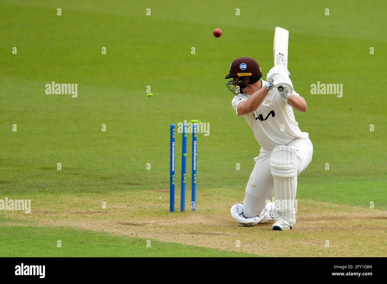The Kia Oval, London, UK. 27th May, 2021. Will Jacks of Surrey bowled by Ryan Higgins of Gloucestershire for 24 on Day 1 of the LV=Insurance County Championship match between Surrey and Gloucestershire: Credit: Ashley Western/Alamy Live News Stock Photo