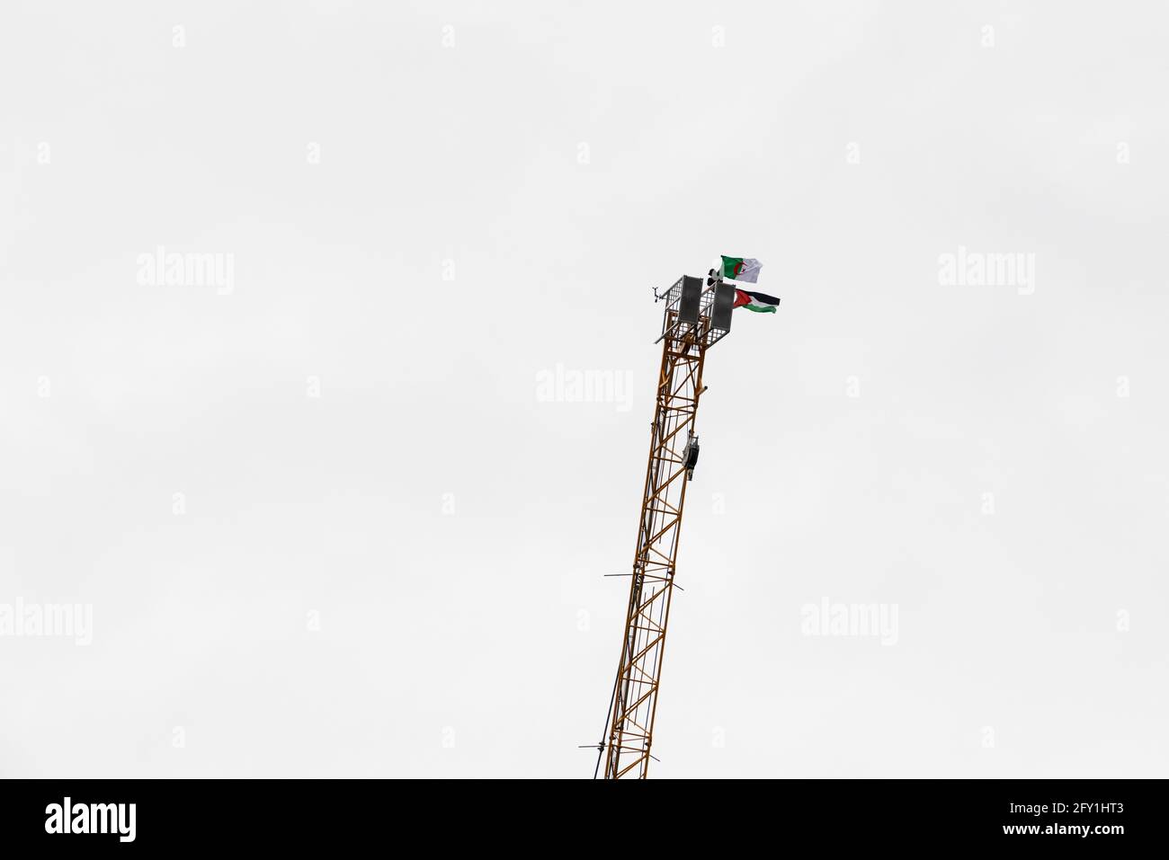 Protester flying Palestinian and Algerian flags on top of a crane, Free Palestine Protest, Marble Arch, London, 22 May 2021 Stock Photo