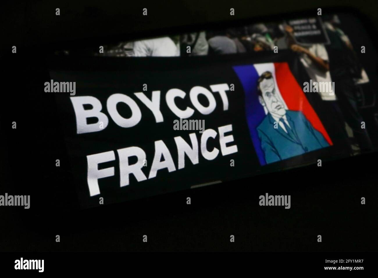 Lahore Punjab, Pakistan, April 05 2021: Boycott France banner on a phone screen Stock Photo