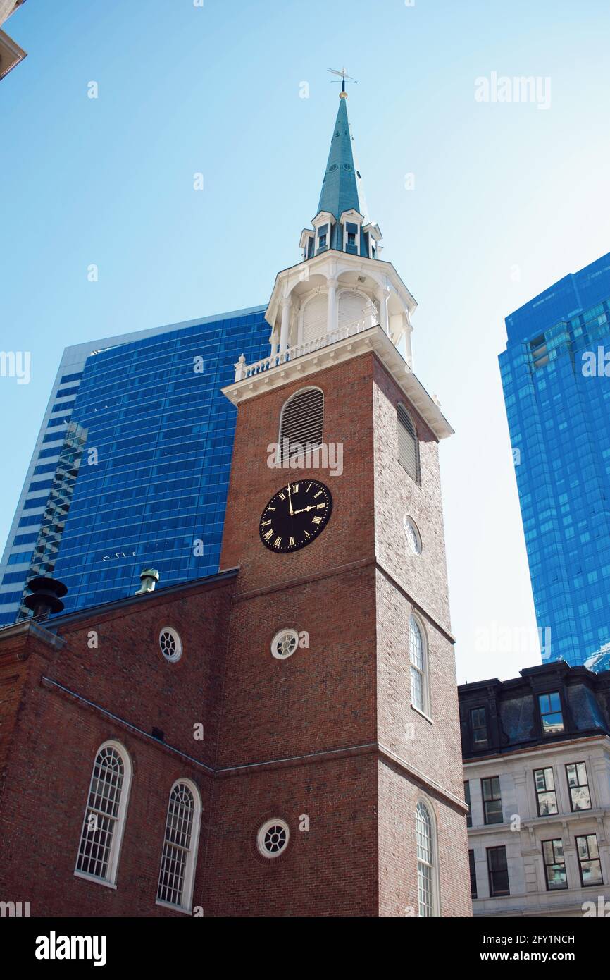 Street view image looking up at the Old South Meeting House in Boston, MA, USA Stock Photo