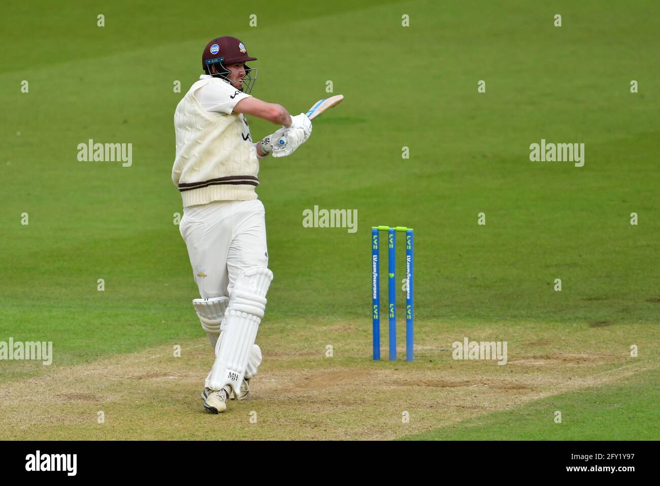 The Kia Oval, London, UK. 27th May, 2021. Jamie Overton of Surrey bats on Day 1 of the LV=Insurance County Championship match between Surrey and Gloucestershire: Credit: Ashley Western/Alamy Live News Stock Photo