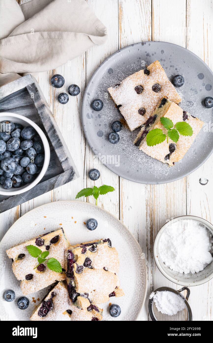 Delicious and easy  blueberry cake sprinkled with powdered sugar Stock Photo