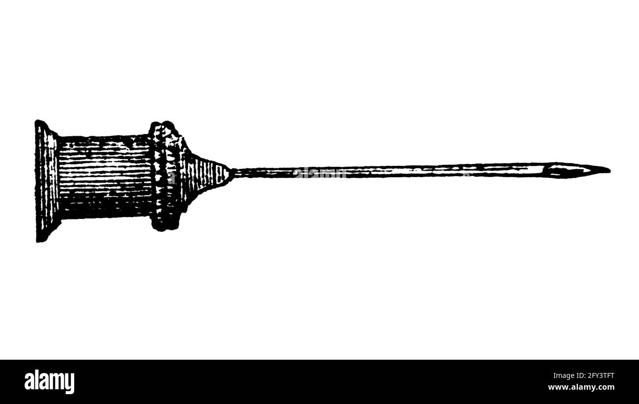 Pravaz Syringe Needle – 1897 Original Vintage Engraved Illustration. Charles Gabriel Pravaz was a inventor of a first hypodermic syringe Stock Photo