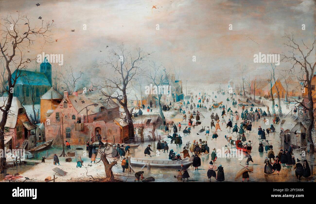 Winter Landscape with Ice Skaters by Hendrick Avercamp (1585-1634), oil on panel, c. 1608 Stock Photo
