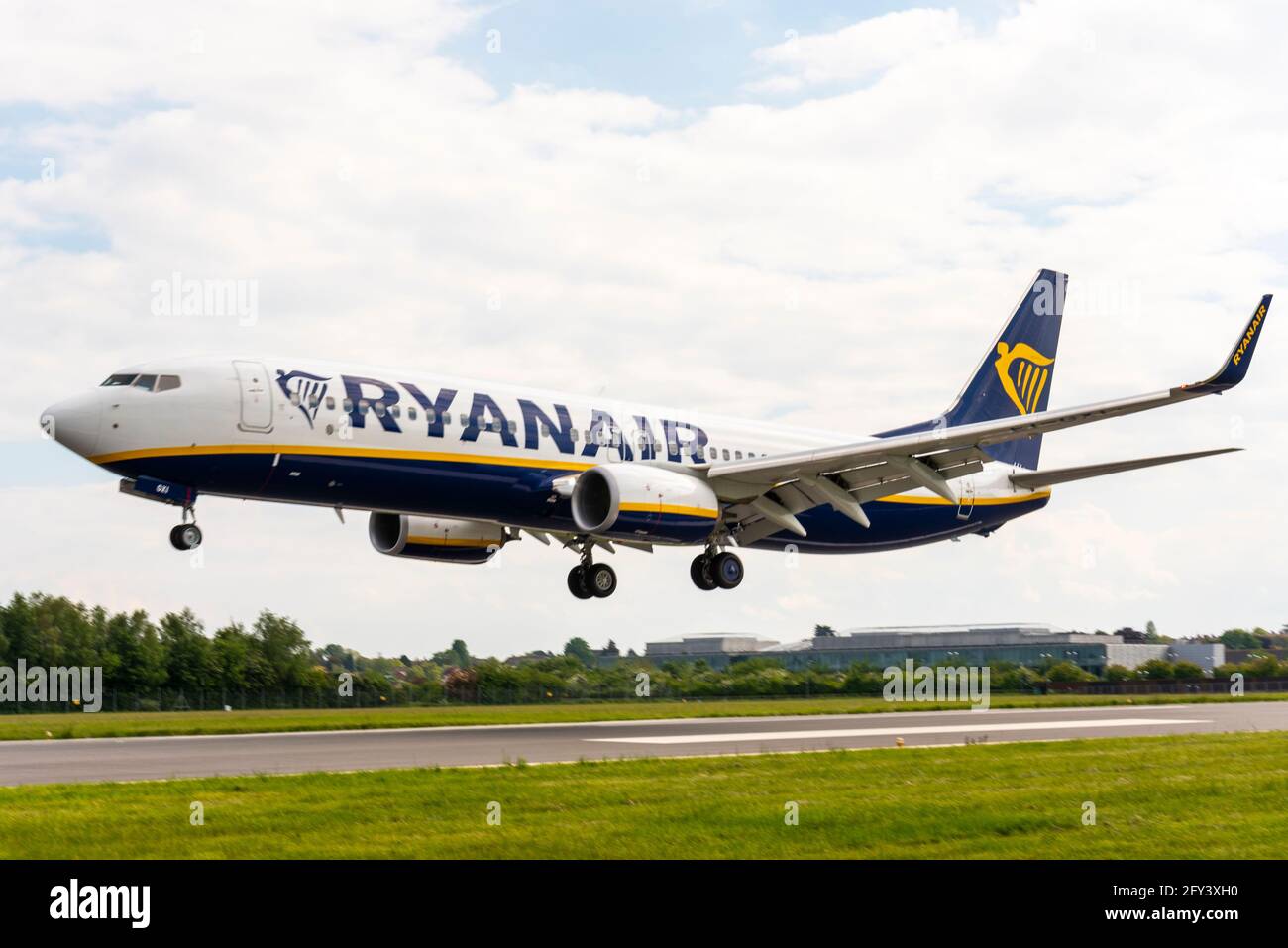 Ryanair Boeing 737 jet airliner plane landing at London Southend Airport, Essex, UK, ready for the resumption of international flights to Europe Stock Photo