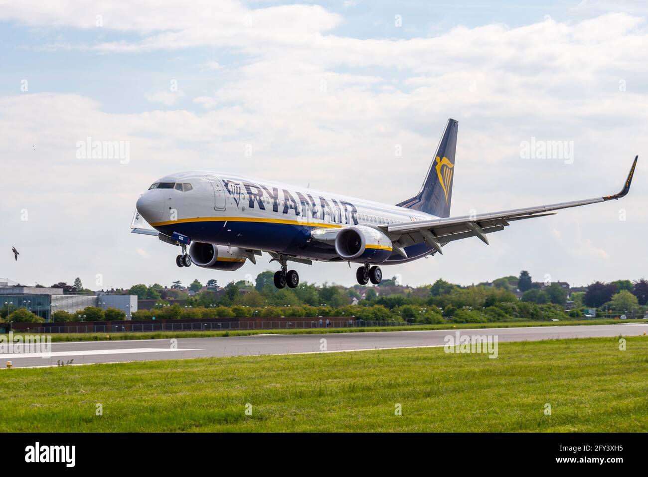 Ryanair Boeing 737 jet airliner plane landing at London Southend Airport, Essex, UK, ready for the resumption of international flights to Europe Stock Photo