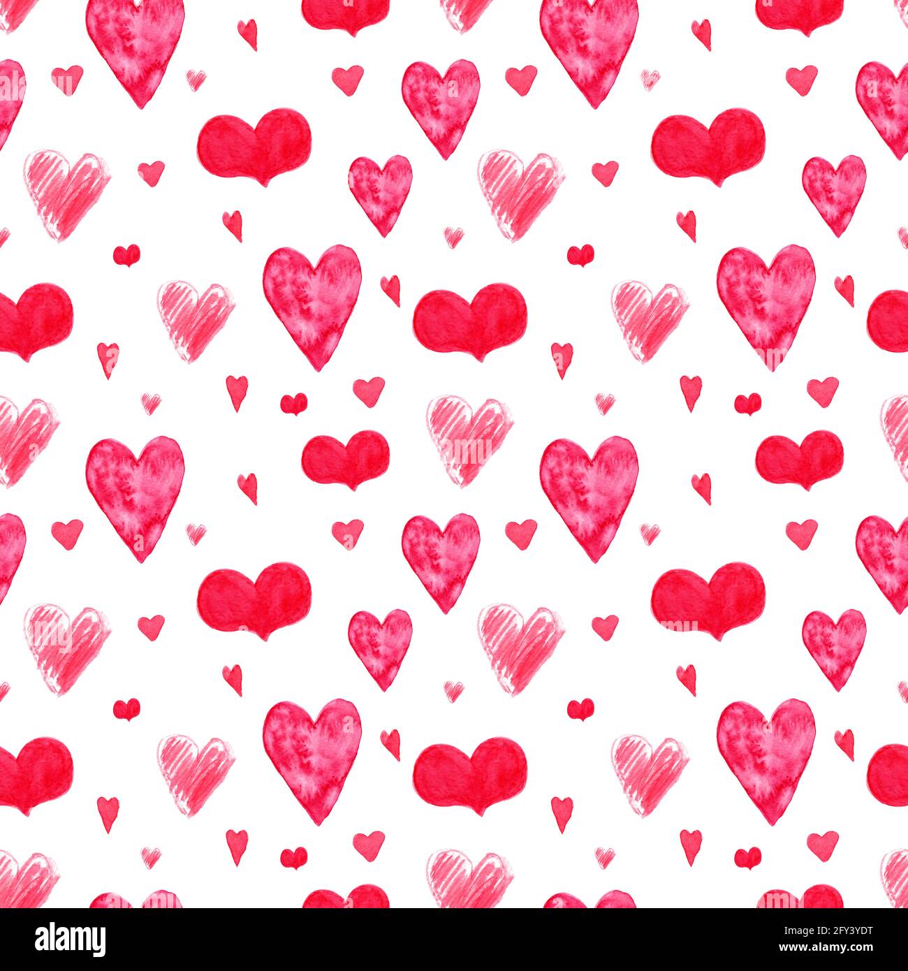 Seamless pattern with beautiful hand drawn watercolor pink hearts on ...