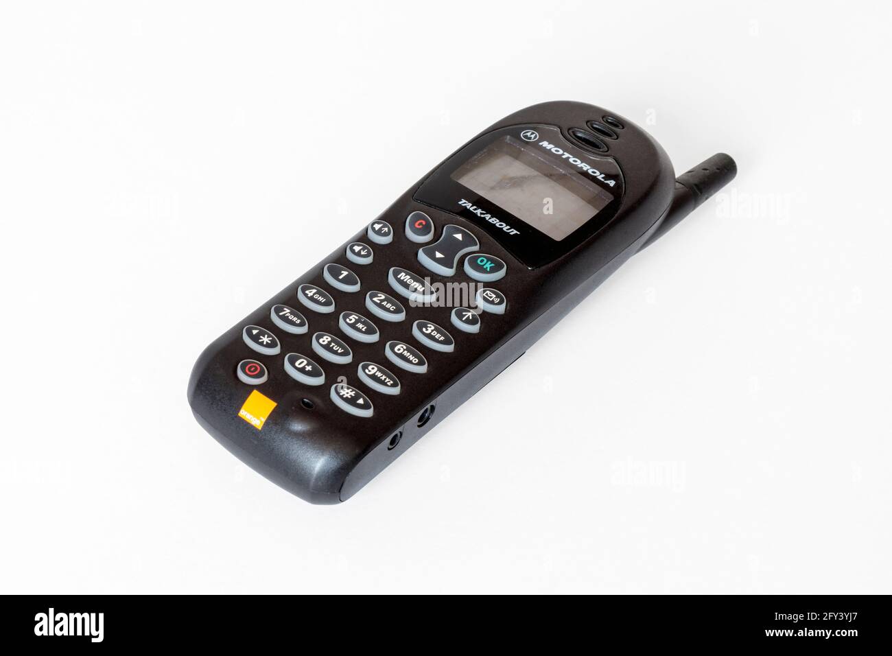 A classic Motorola Talkabout 108e mobile phone isolated on a white background Stock Photo