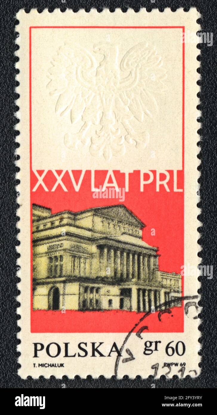 A postage stamp shows  XXV years of PRL, Poland 1969 Stock Photo