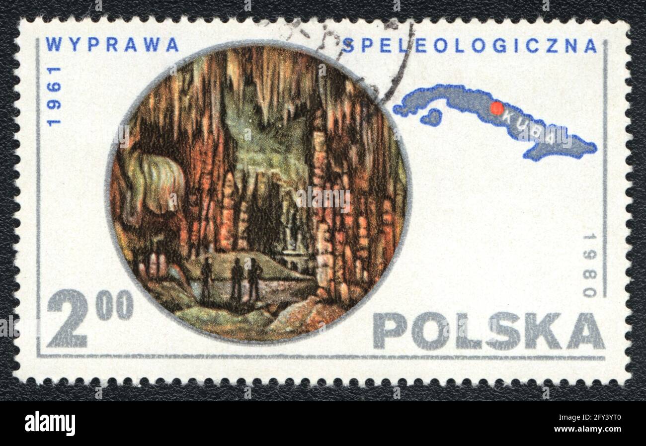 Postage stamp. Speleology in the Cuba 1961, from series, Poland, 1980 Stock Photo