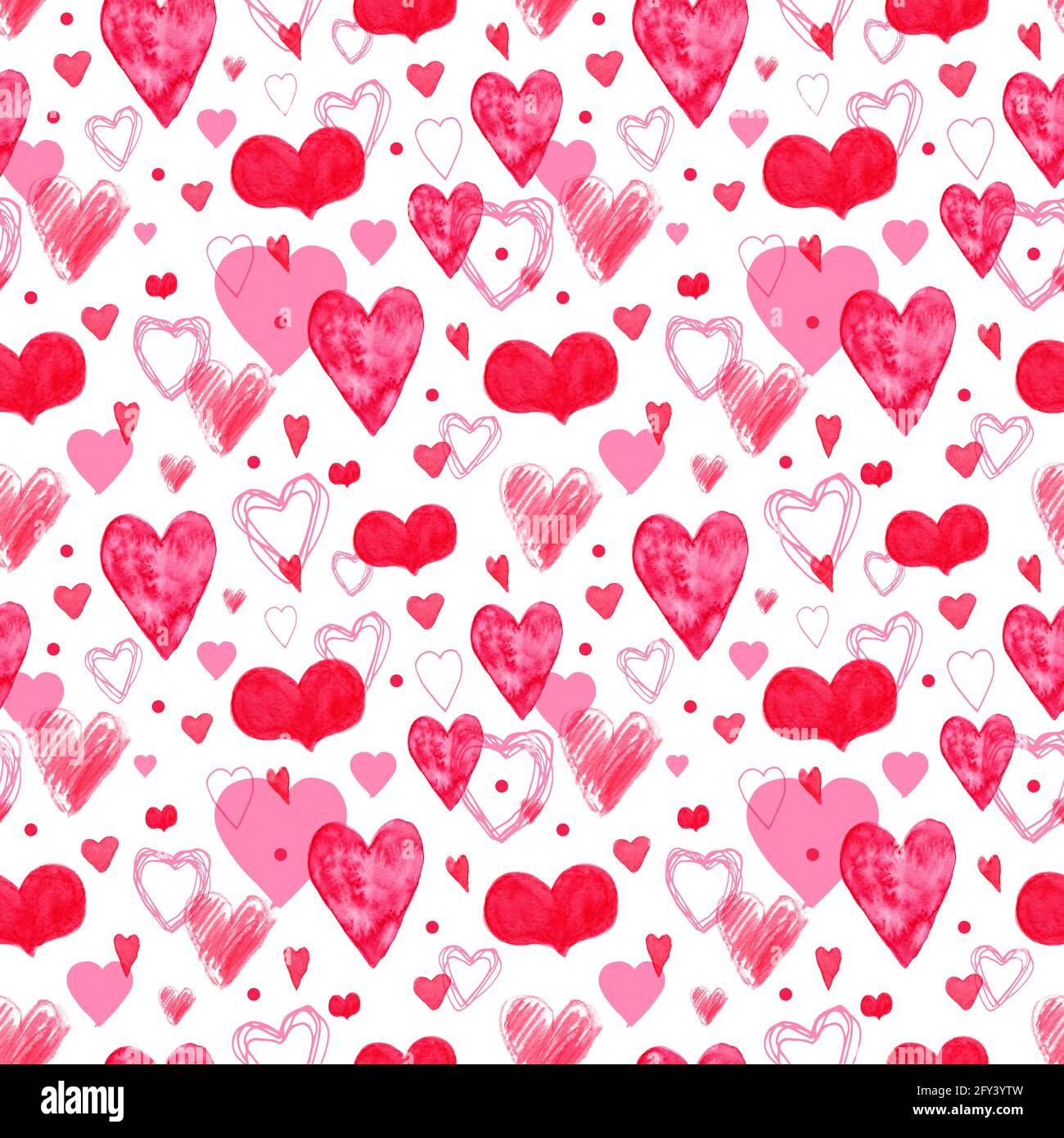 Seamless pattern with beautiful hand drawn watercolor pink hearts on ...