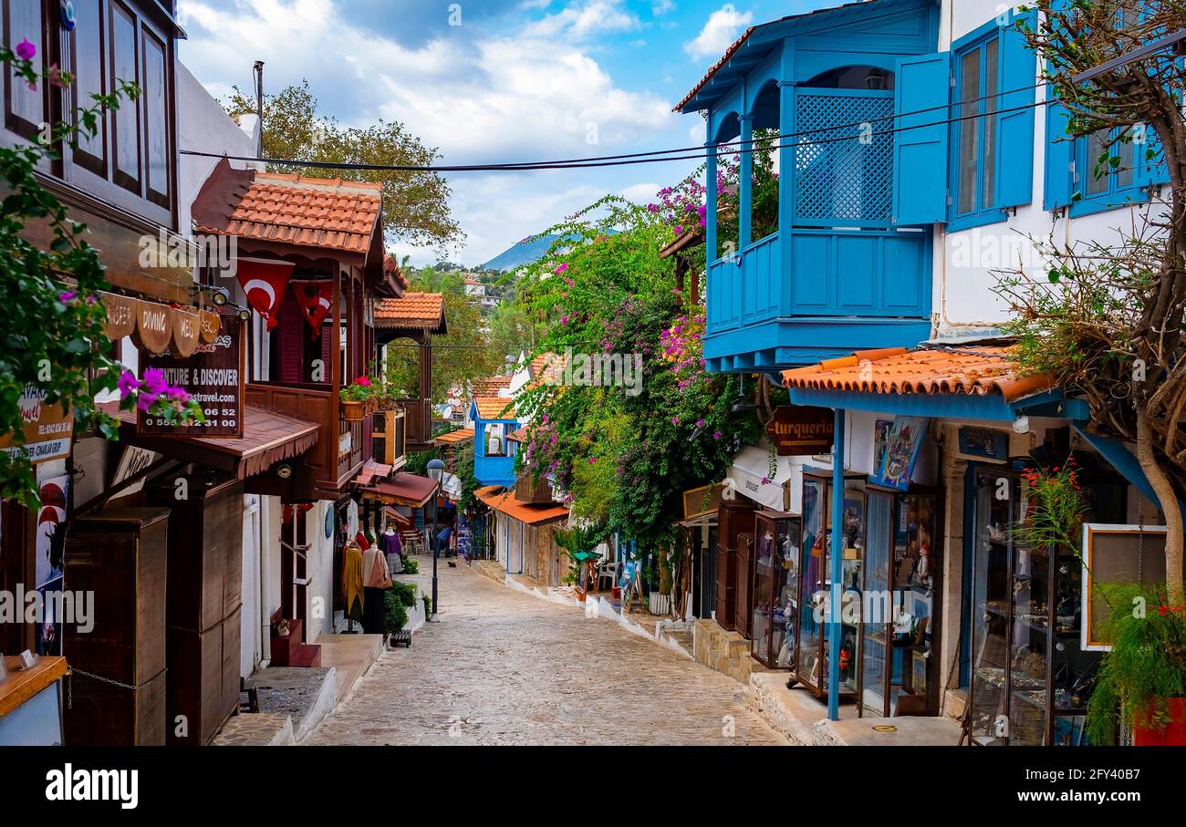 Kas, Turkey - November, 9, 2020 - Colorful street in Kas Town of Turkey Stock Photo