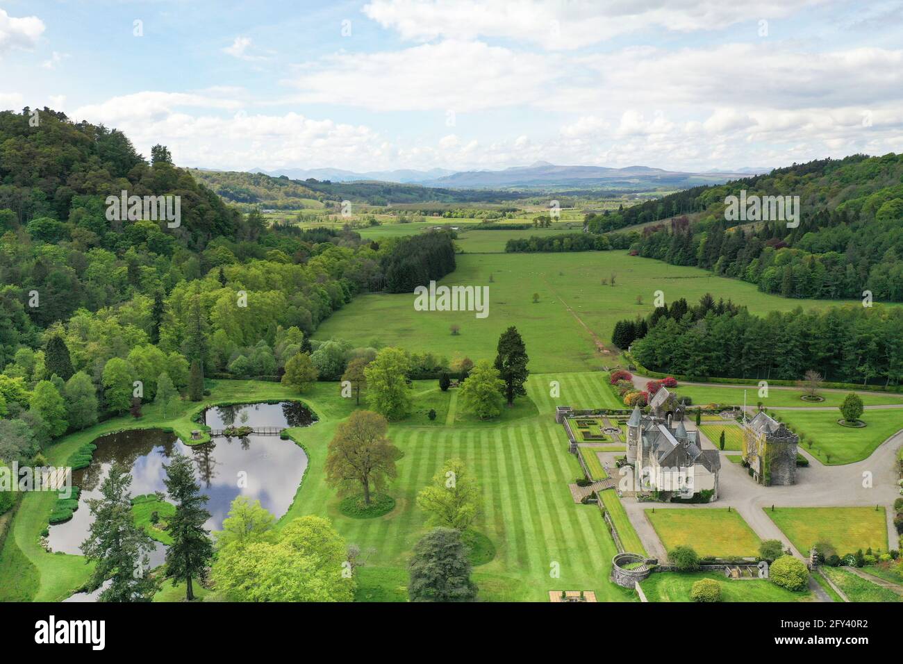 Aerial drone view of Duntreath Castle Blanefield Stock Photo