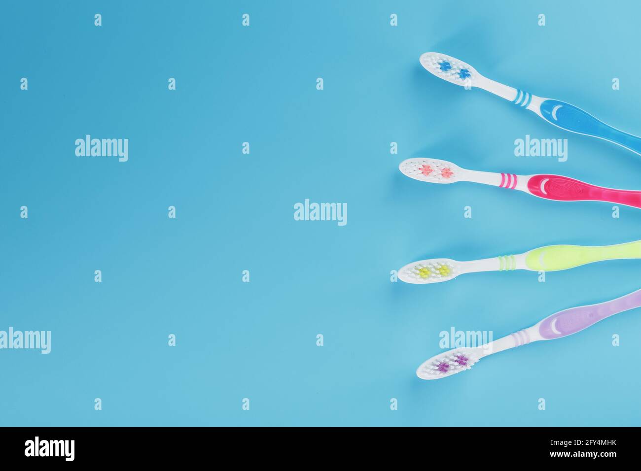 Four toothbrushes on a blue background. Free space, isolate Stock Photo