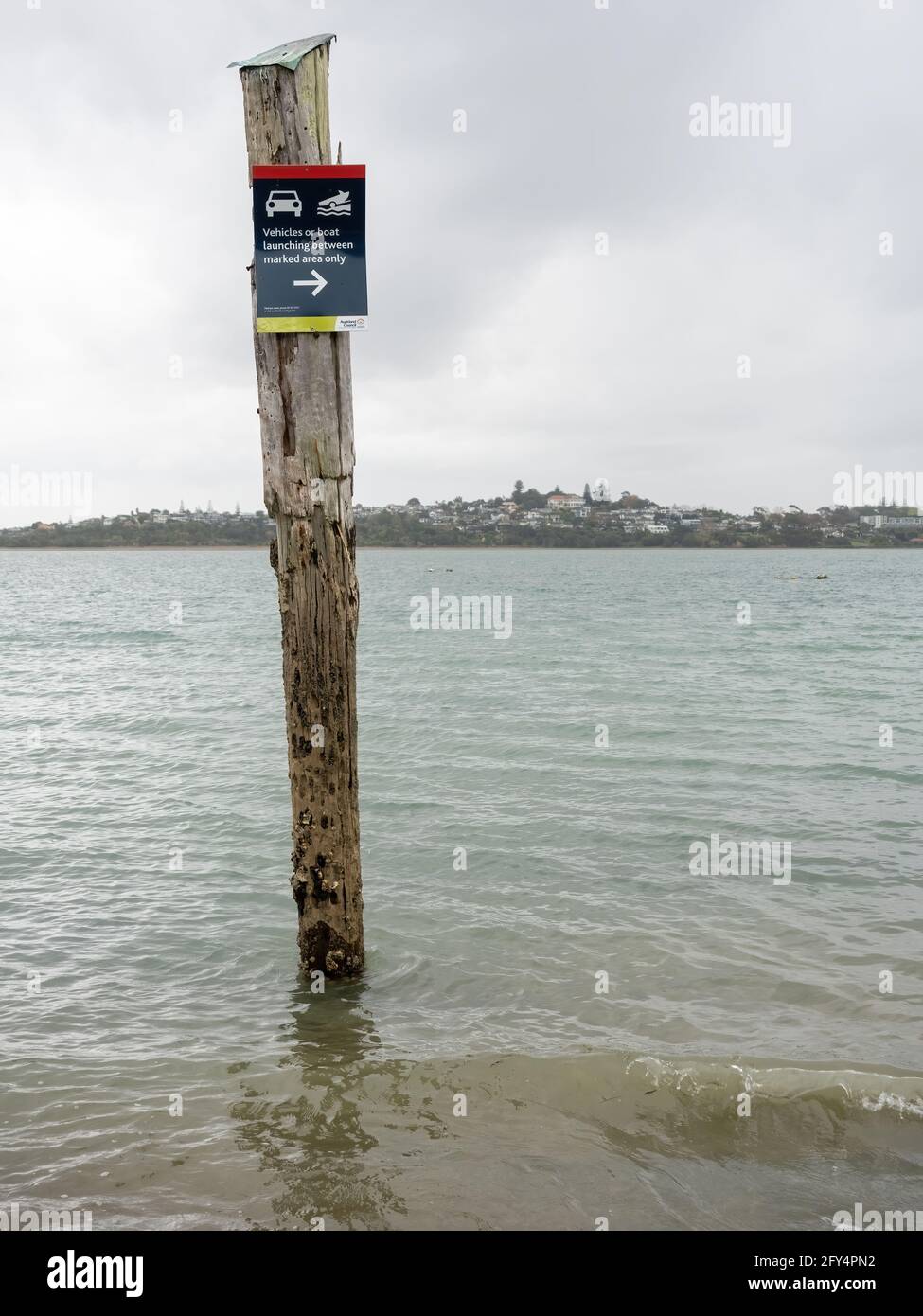AUCKLAND, NEW ZEALAND - May 18, 2021: View of boat ramp sign on pole ...