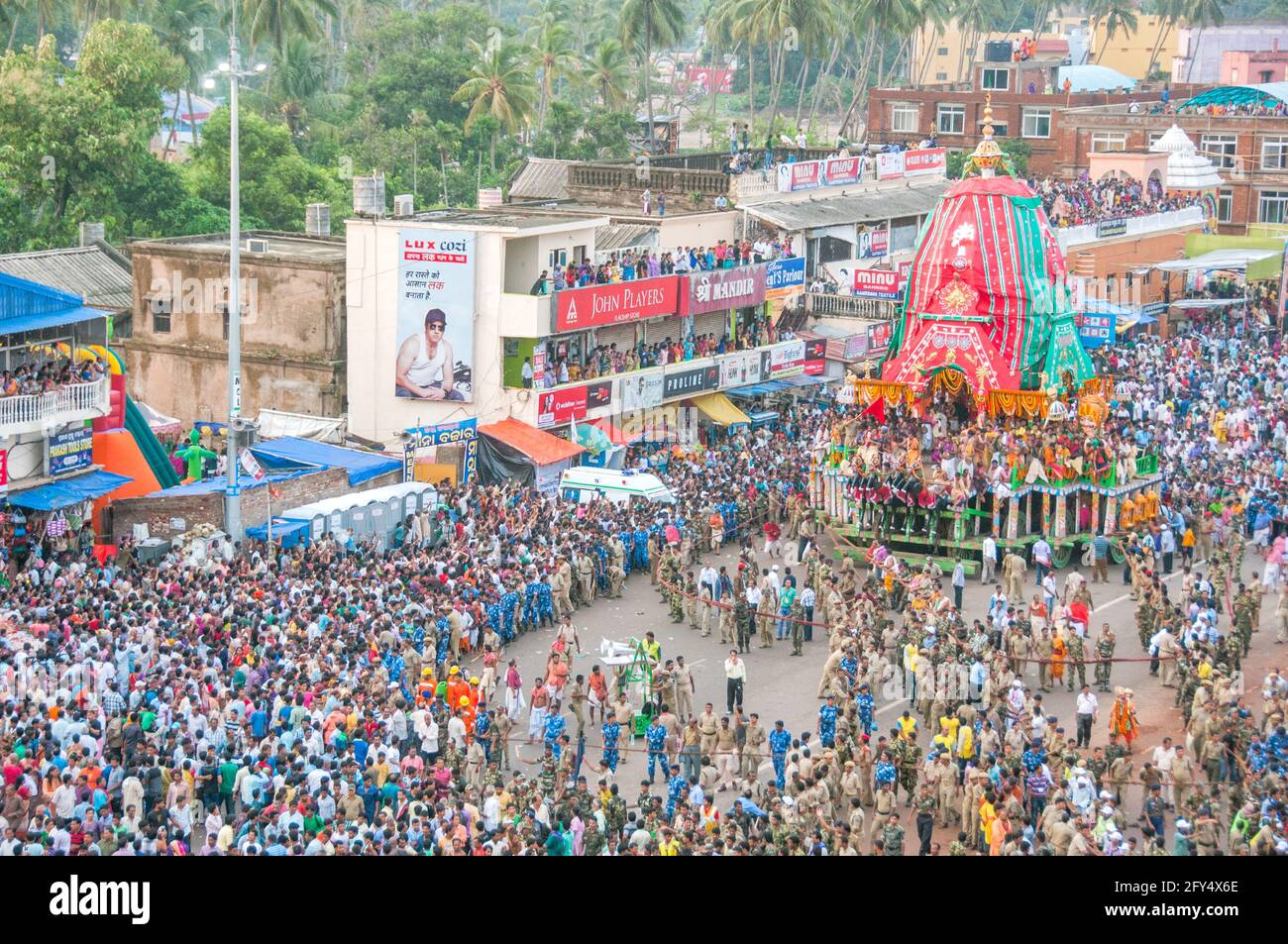 The picture shows an aerial view of Grand Road in Puri city. The picture was taken during the ratha yatra procession. Stock Photo