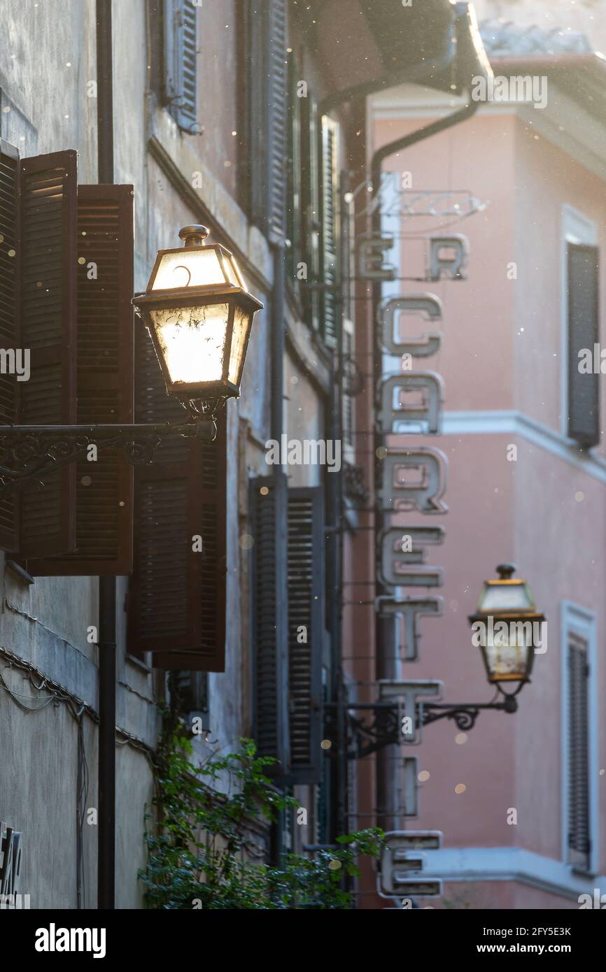 Rome, Italy - May 26, 2021: An alley in the Trastevere district, in the historic center of the city. Stock Photo