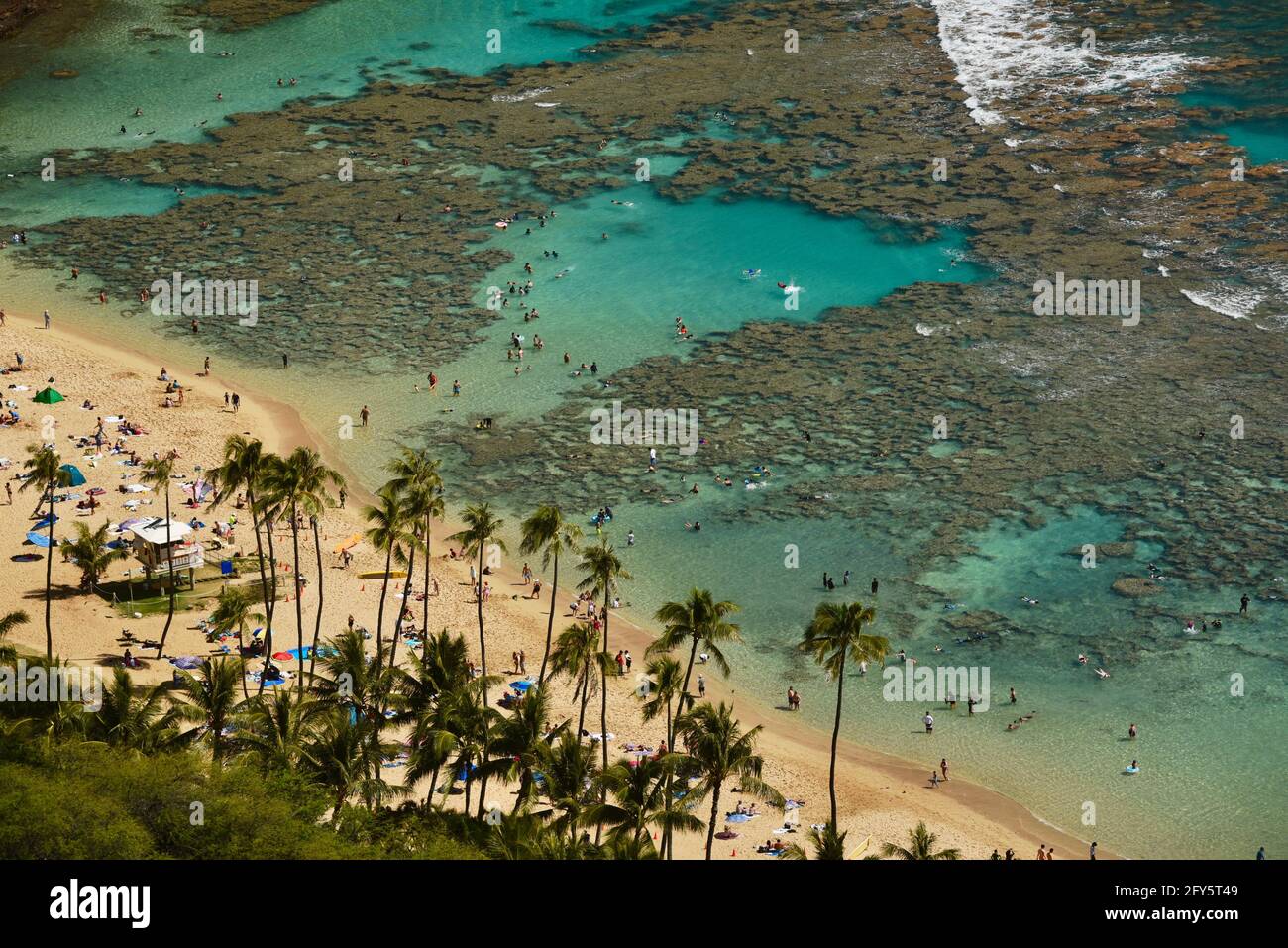 Aerial of calm, turquoise tropical waters and coral reef, Hanauma Bay