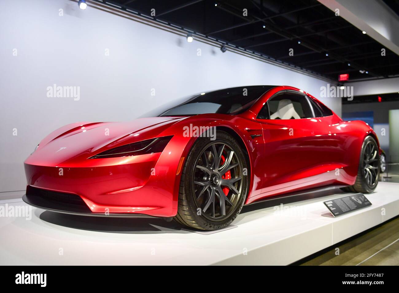 General overall view of the Tesla Roadster 2.0 on display at the