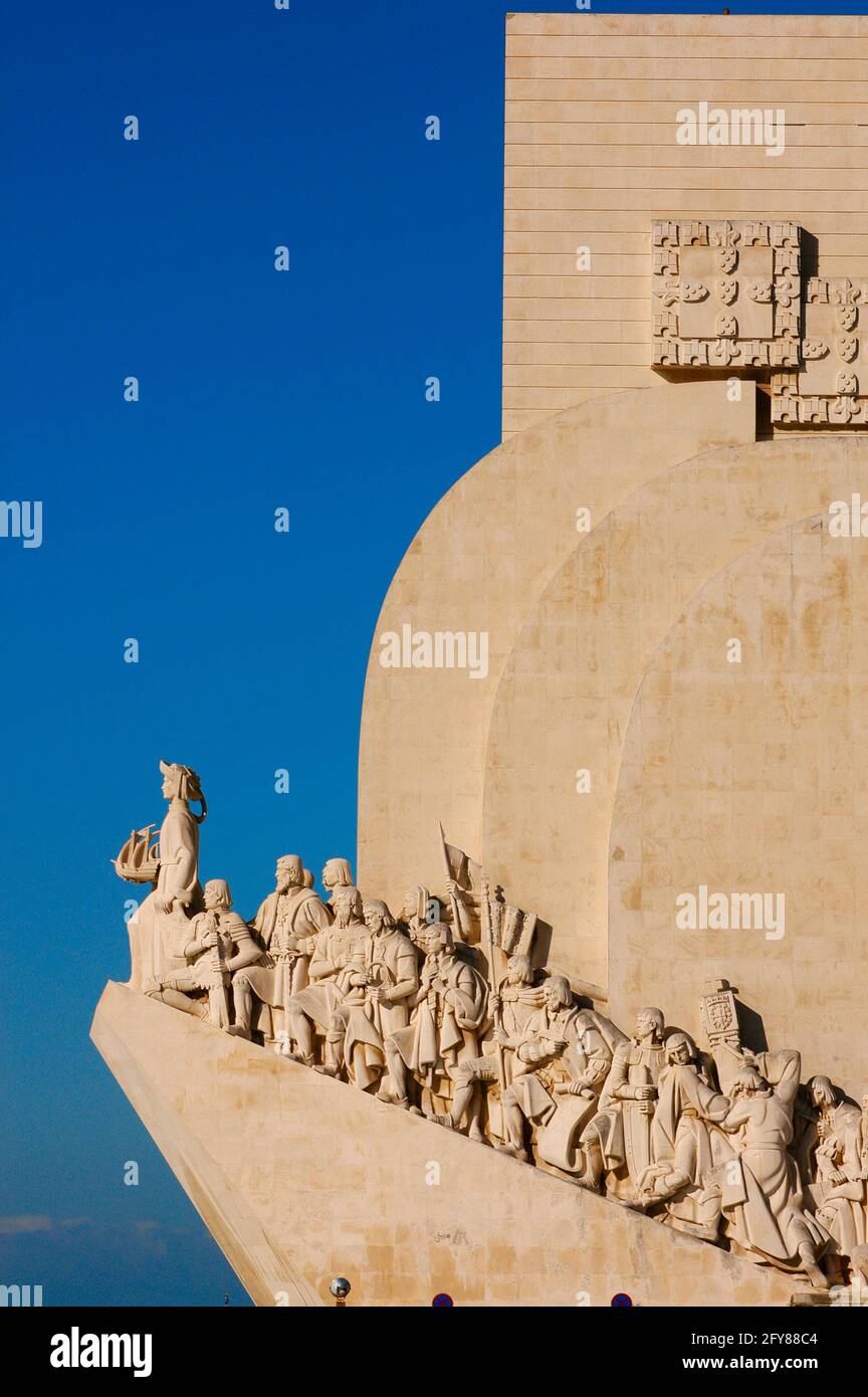 Portugal. Lisbon. Monument to the Discoveries. Erected in 1960 by Jose Angelo Cottinelli Telmo (1897-1948) and Leopoldo de Almeida (1898-1975) on ocassion of the five hundredth anniversary of the death of Henry the Navigator (1394-1460). It was designed to commemorate the Age of Discoveries in Portugal. Detail. Stock Photo