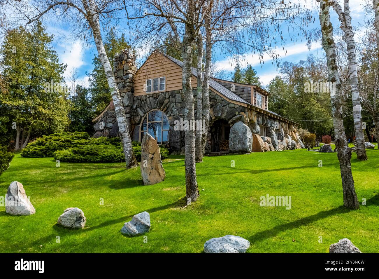 Boulder Manor, one of the Mushroom Houses, designed by architect Earl Young in the 20th Century, Charlevoix, Michigan, USA [No property release; avail Stock Photo