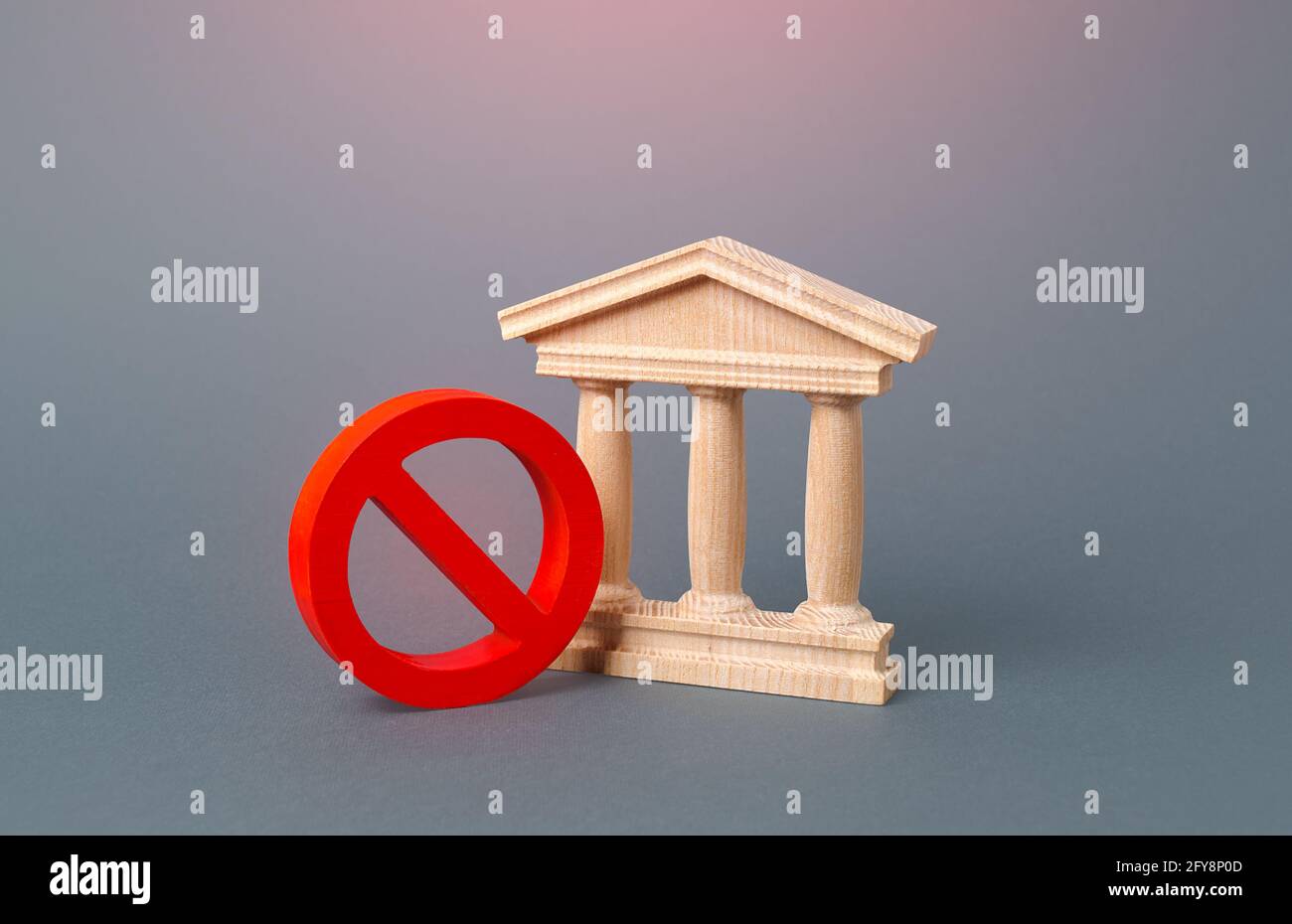 Government building or bank and symbol NO. Bankrupt bank liquidation procedure. Money laundering, sanctions. Bad liquidity. Audit and accounting. Inab Stock Photo