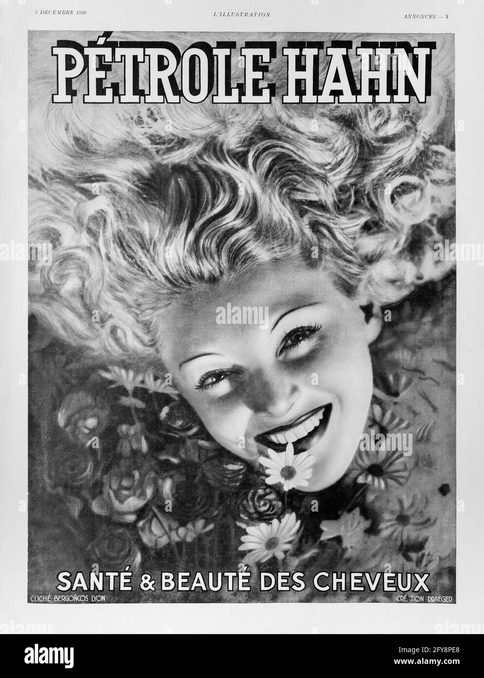 1936 advert from the French L'Illustration magazine for 'Pétrole Hahn' haircare products. Stock Photo