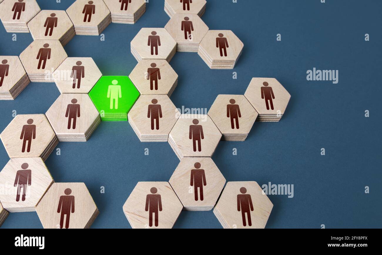 Green man is connecting link of groups of people. A key essential employee. Irreplaceable valuable employee. Specialist and professional. Experience, Stock Photo