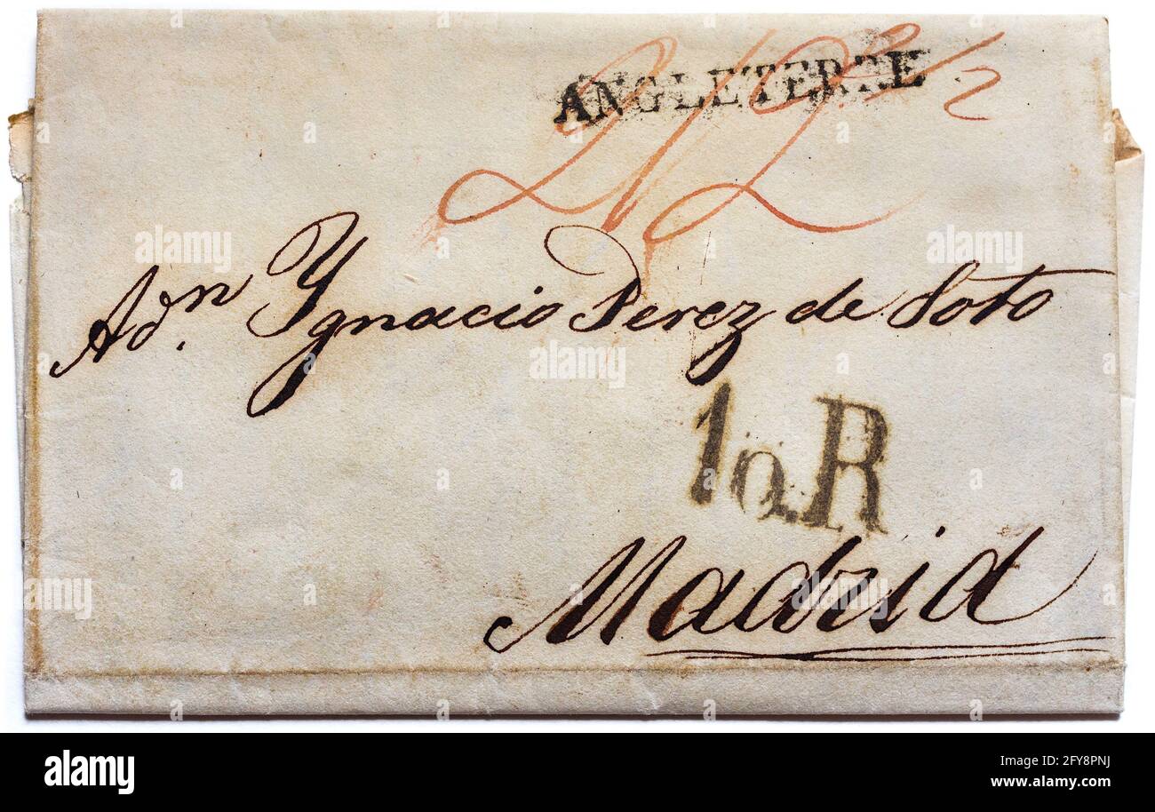 1820 pre-stamp folded letter sheet sent from London to Madrid, Spain, taxed 10 Reales. Stock Photo