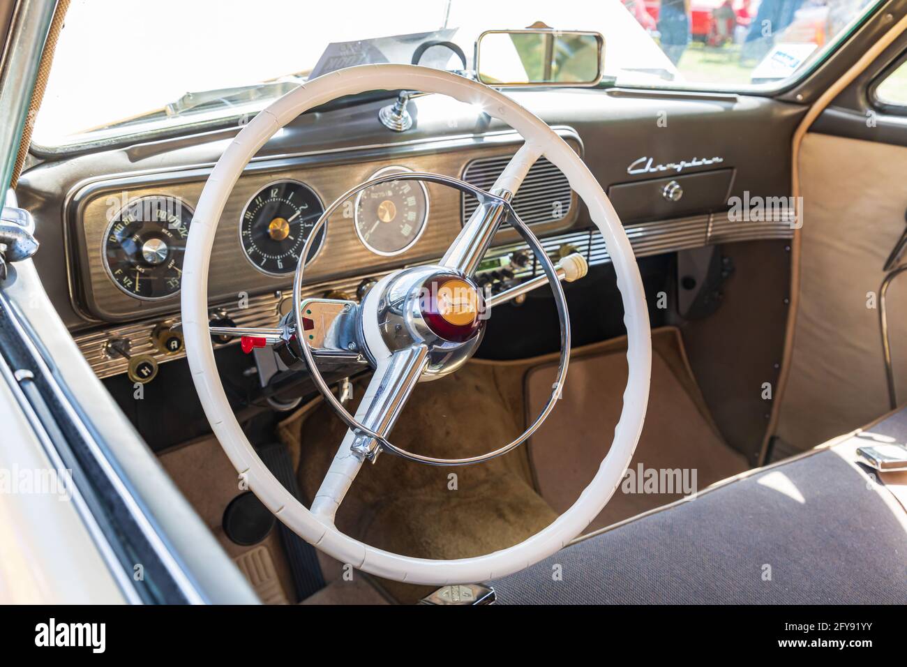 Marble Falls, Texas, USA. April 10, 2021. Interior of a Studebaker Champion at a car show. Stock Photo