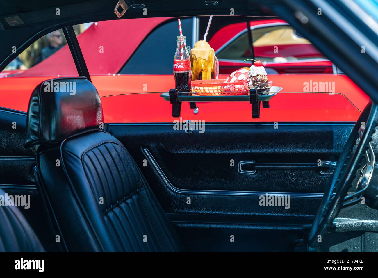 Marble Falls, Texas, USA. April 10, 2021. Automobile with a Drivein food tray at a car show