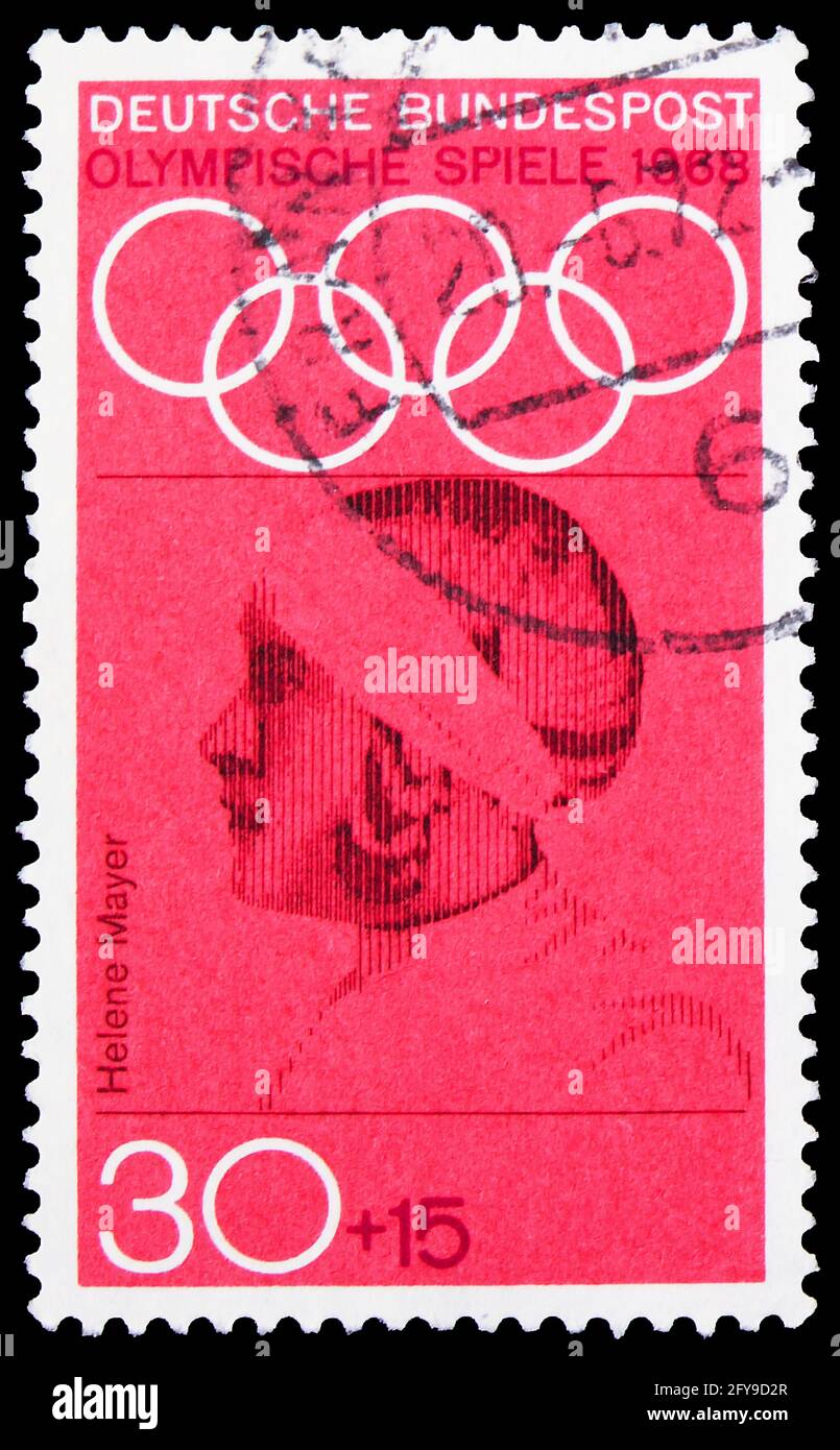 MOSCOW, RUSSIA - SEPTEMBER 23, 2019: Postage stamp printed in Germany shows Helene Mayer (1910-1953), fencer, Summer Olympics 1968, Mexico City serie, Stock Photo