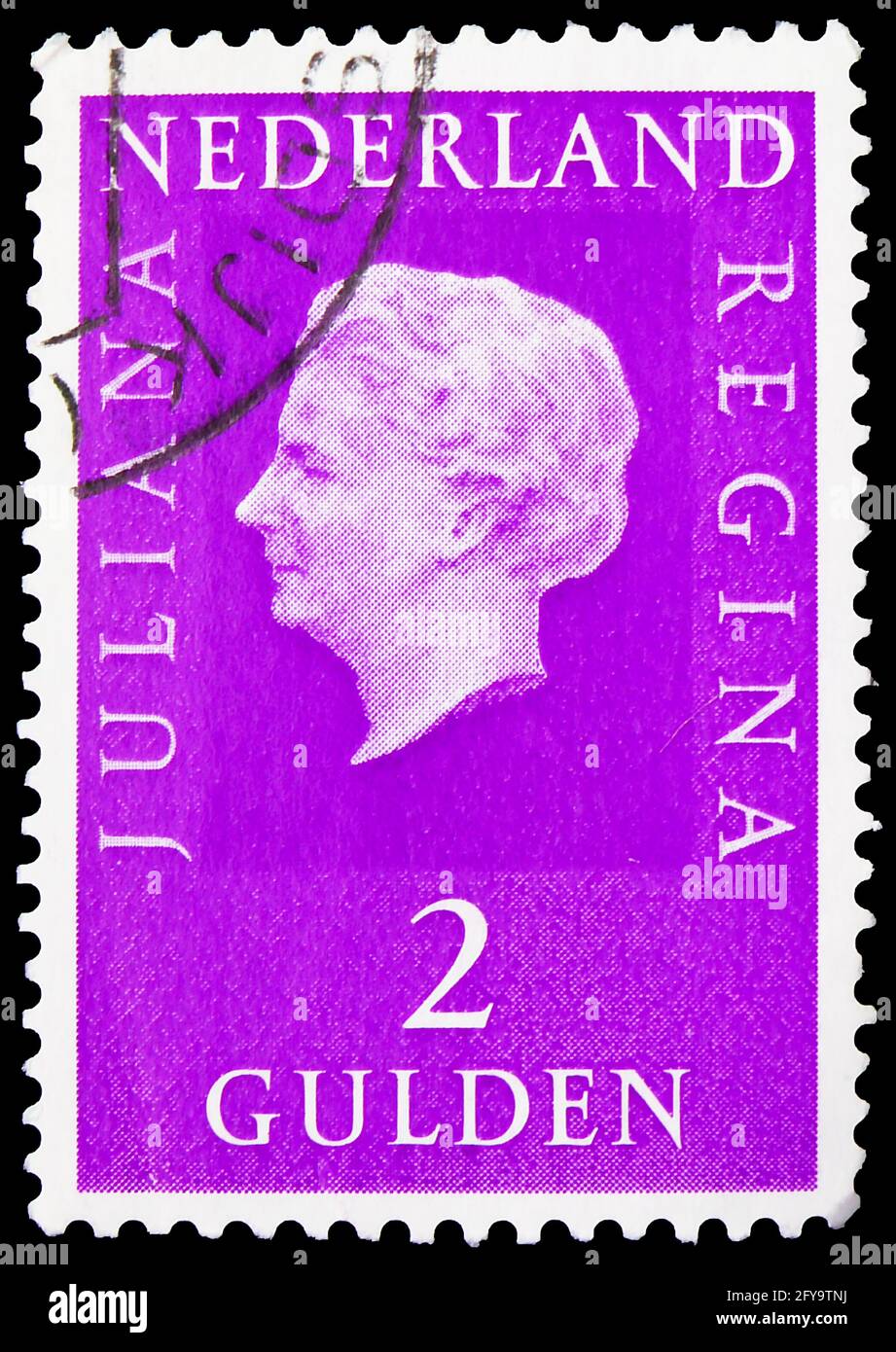 MOSCOW, RUSSIA - SEPTEMBER 23, 2019: Postage stamp printed in Netherlands shows Queen Juliana (1909-2004), Type 'Regina' serie, circa 1973 Stock Photo