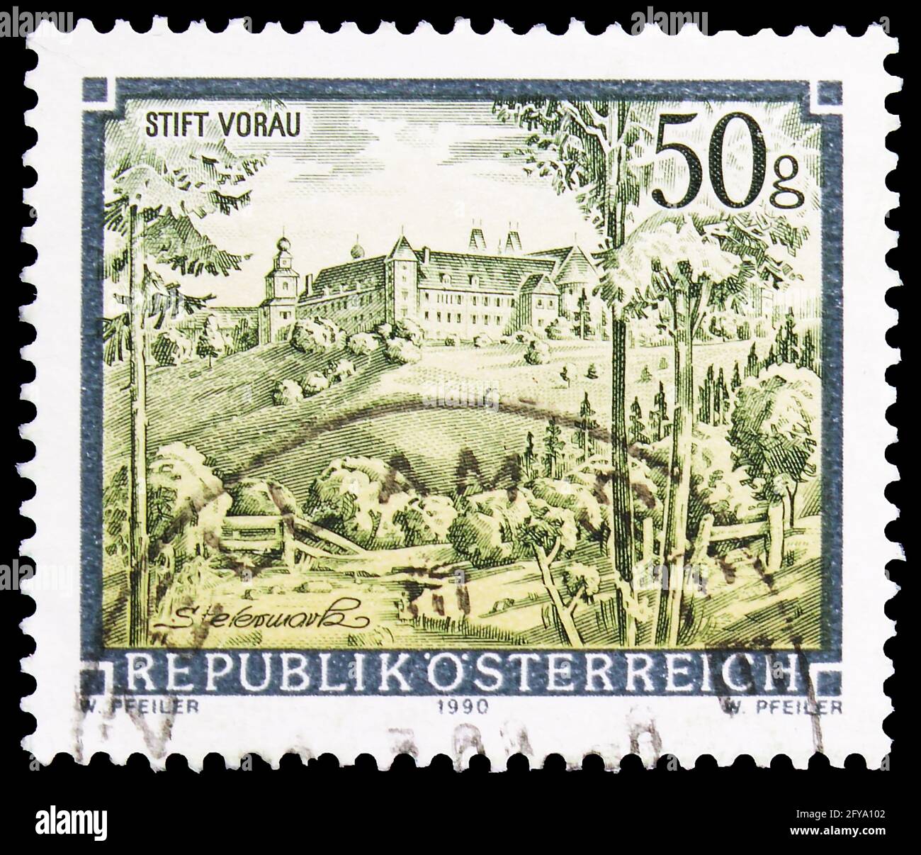 MOSCOW, RUSSIA - SEPTEMBER 23, 2019: Postage stamp printed in Austria shows Augustinian monastery Vorau, Monasteries and Abbeys serie, circa 1990 Stock Photo
