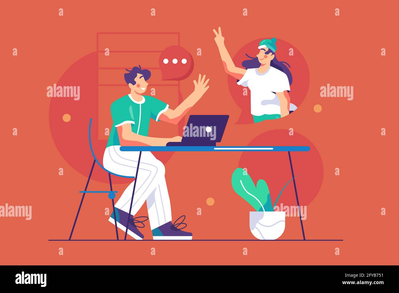 Guy talk on video connection through laptop Stock Vector