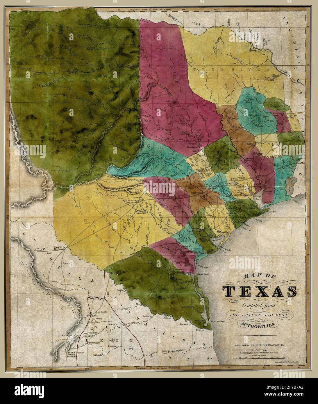 Original title: 'Map [of the republic] of Texas compiled from the latest and best authorities.' The map of the Republic of Texas is quite different from the present day boundaries of the state of Texas. Texas became independent from Mexico at about the time of the creation of this map. This is an enhanced, restored reproduction of an historic 1837 map. Stock Photo