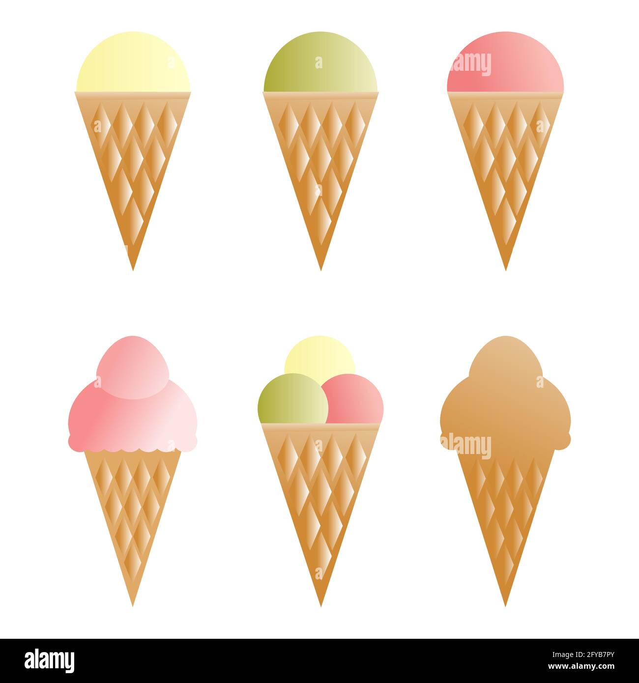 Ice cream set. Different filling waffle cones. Isolated vector illustration on white background. Print on paper, fabric, ceramic Stock Vector