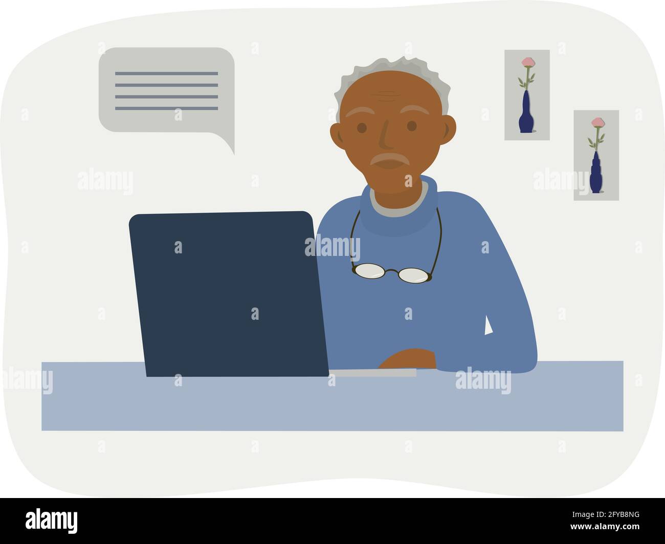 Elderly freelancer using laptop. Freelance work for everyone concept. Old man working or studying at home. Online communication. Isolated vector illus Stock Vector