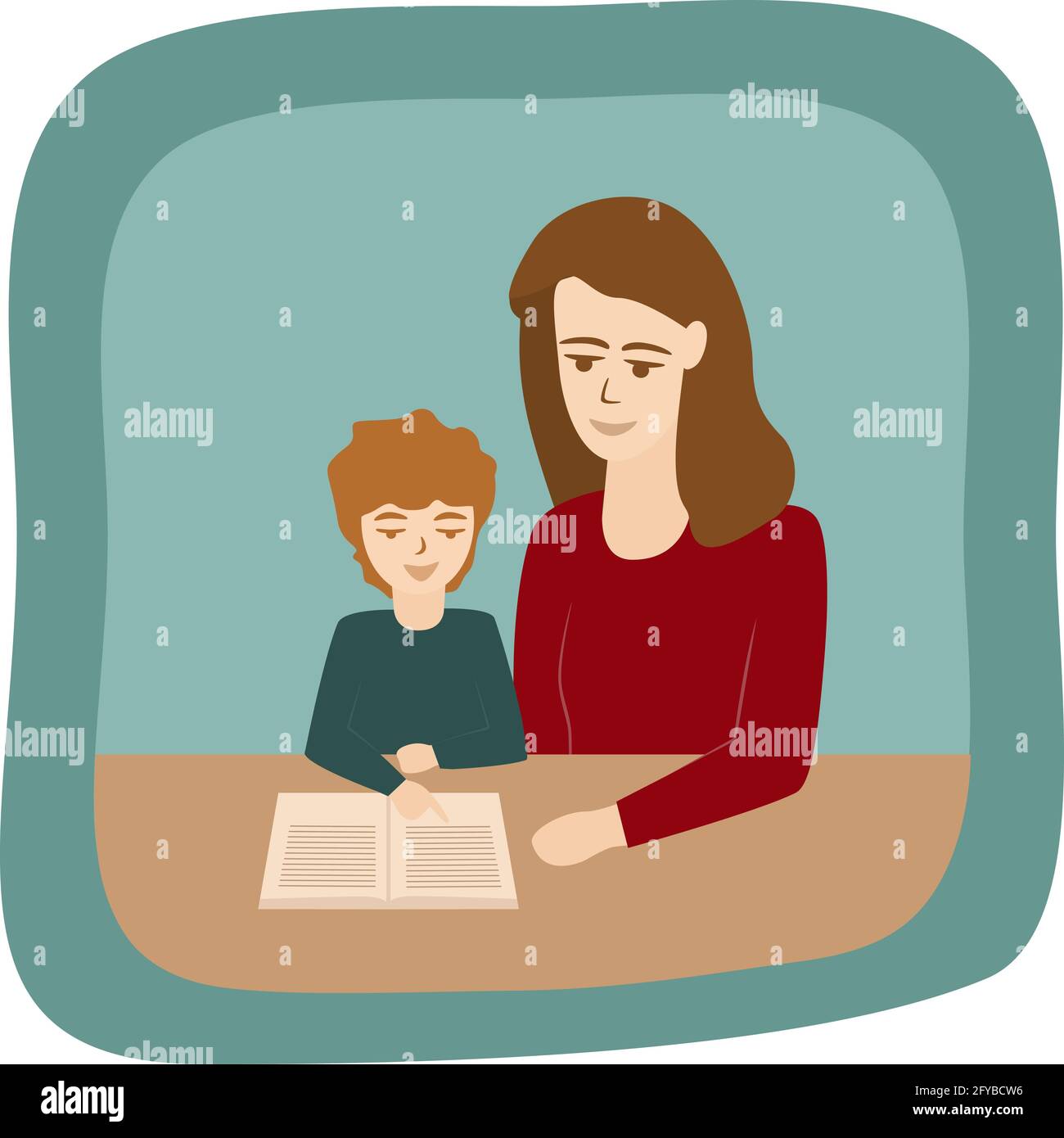 Kid reading book with mom. Little child learning to read. Isolated vector illustration in frame Stock Vector