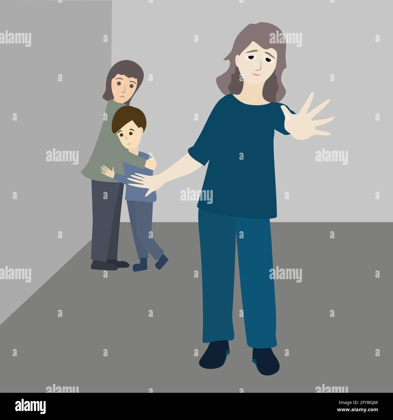Stop violence against child. Strong mother protects her kids. Scared girl and boy stand in the corner. Children victims aggression. Family abuse Vecto Stock Vector